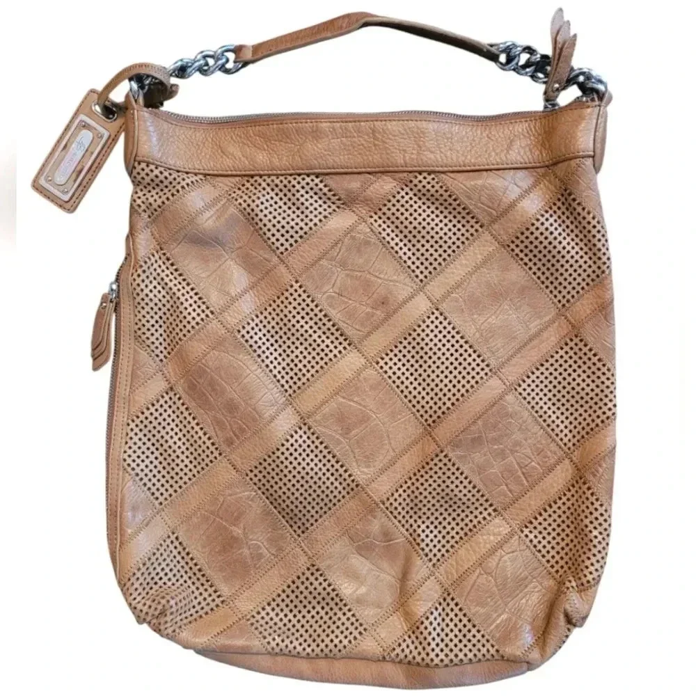 B. MARKOWSKY XL BOHO leather pebbled perforated Patchwork shoulder bag purse TAN